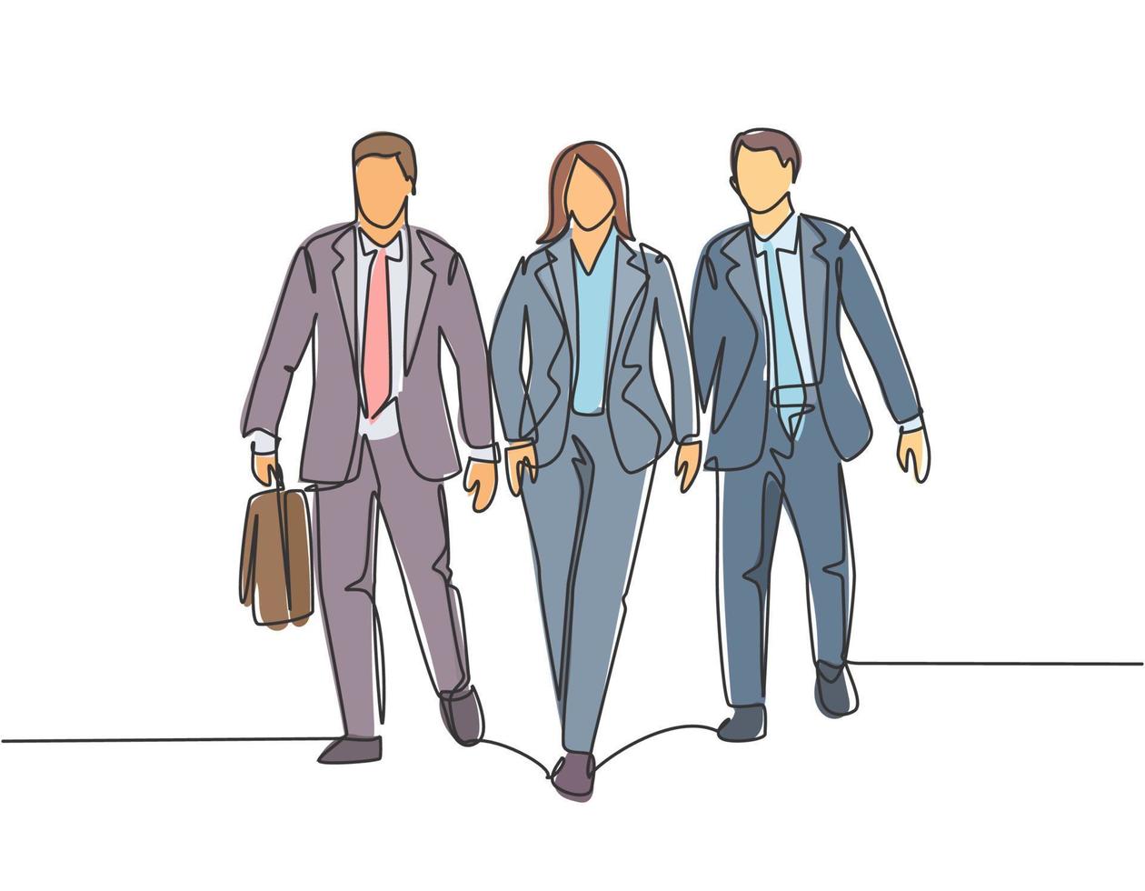 Single continuous line drawing of young businessman and businesswoman walking and talking together to the office. Urban commuter workers concept one line draw design graphic vector illustration