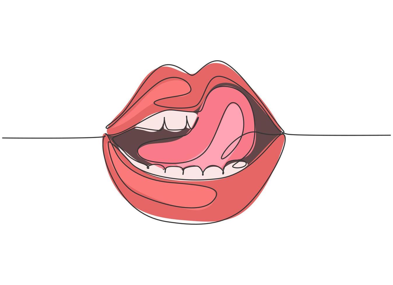 One single line drawing of old retro classic iconic lips and tongue from 80s era. Vintage icon concept continuous line draw design vector illustration graphic