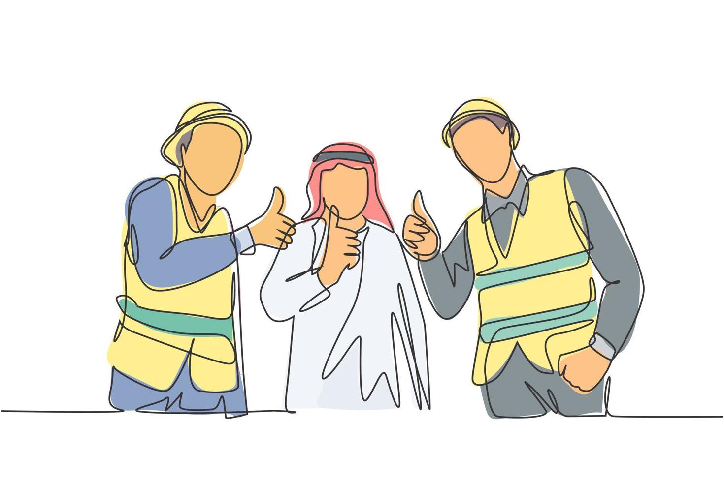 One continuous line drawing of young muslim businessman and building contractor giving thumbs up together. Islamic clothing shemag, kandura, scarf keffiyeh. Single line draw design vector illustration