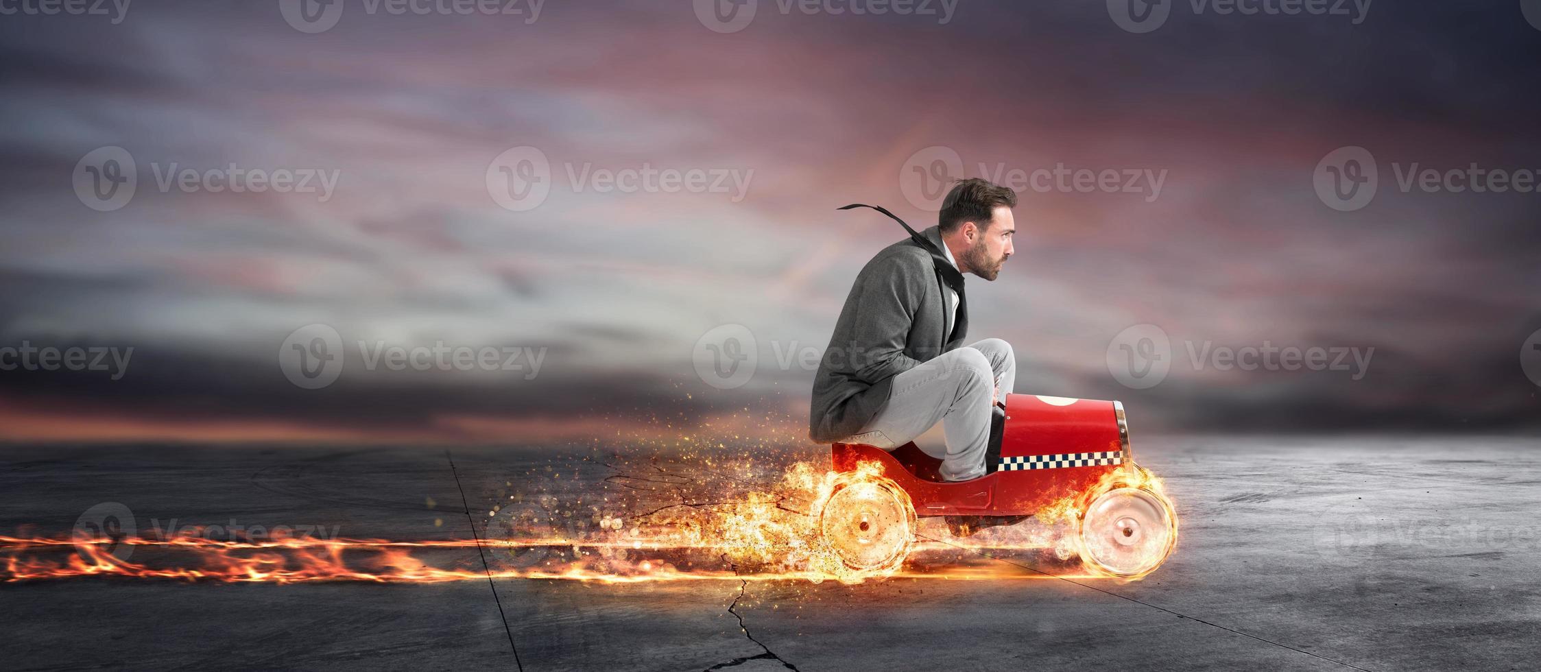 Fast businessman with a car wins against the competitors. Concept of success and competition photo