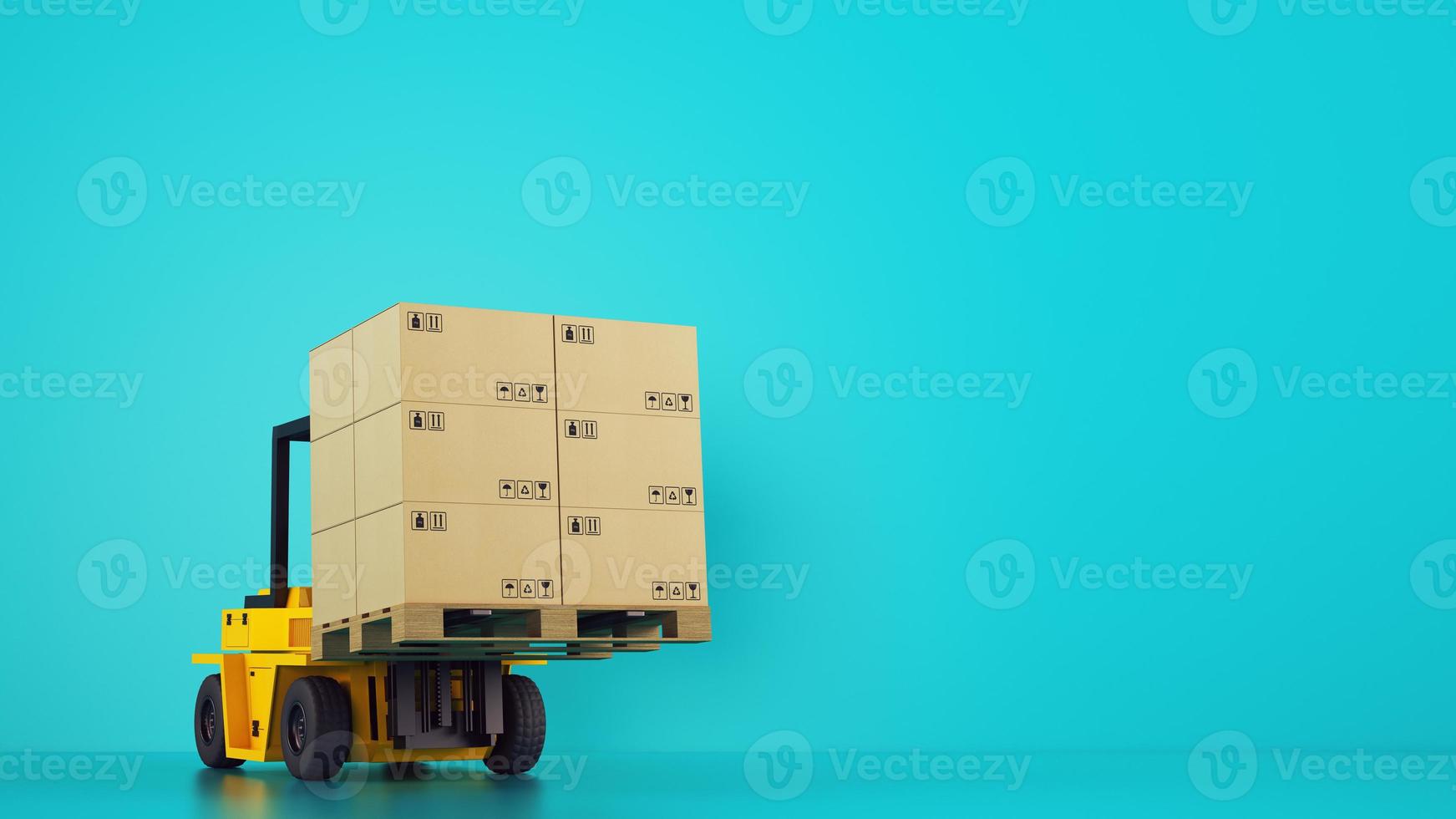 Electric yellow forklift loads a wooden pallet with boxes on cyan background photo