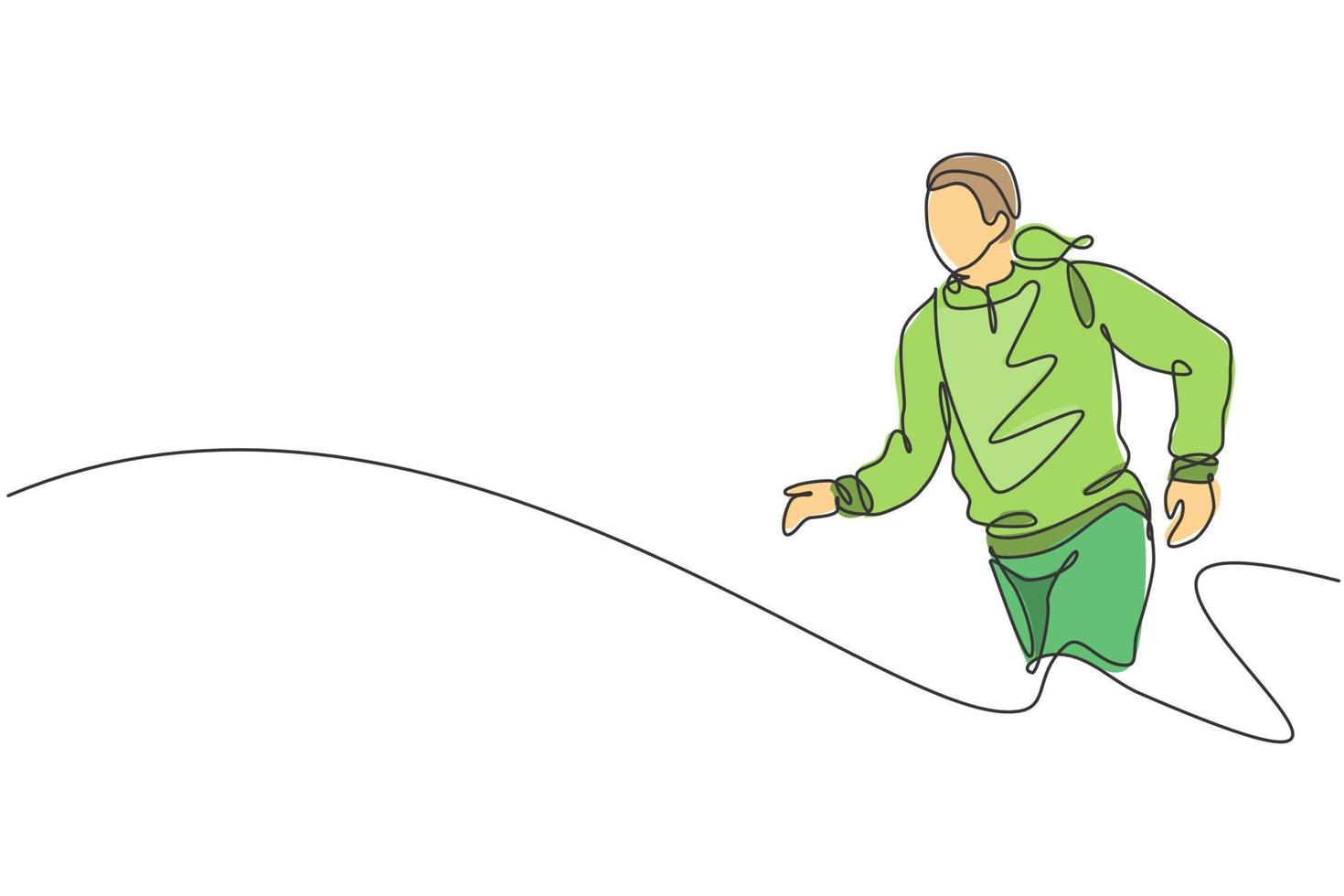 uno soltero línea dibujo de joven contento corredor hombre ejercicio a mejorar aguante gráfico vector gráfico ilustración. sano estilo de vida y competitivo deporte concepto. moderno continuo línea dibujar diseño