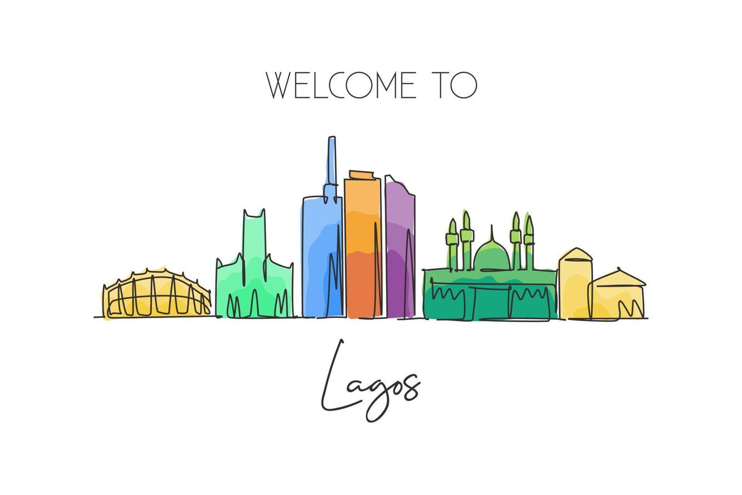 un dibujo de una sola línea del horizonte de la ciudad de lagos, nigeria. Póster de decoración de pared para el hogar con paisaje de ciudad histórica. mejor destino de vacaciones. ilustración de vector de diseño de dibujo de línea continua de moda