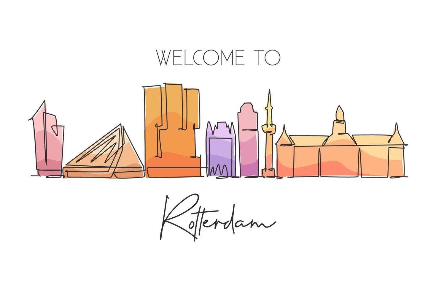 Single continuous line drawing of Rotterdam city skyline, Netherlands. Famous skyscraper landscape postcard. World travel wall decor poster art concept. Modern one line draw design vector illustration