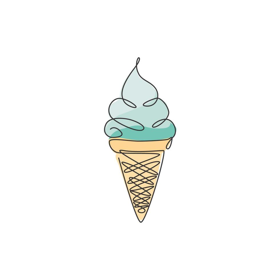 un dibujo de una sola línea de la ilustración de vector gráfico del logotipo de la tienda de cono de helado fresco. menú de cafetería de postres helados y concepto de placa de restaurante. diseño de dibujo de línea continua moderna logotipo de comida callejera