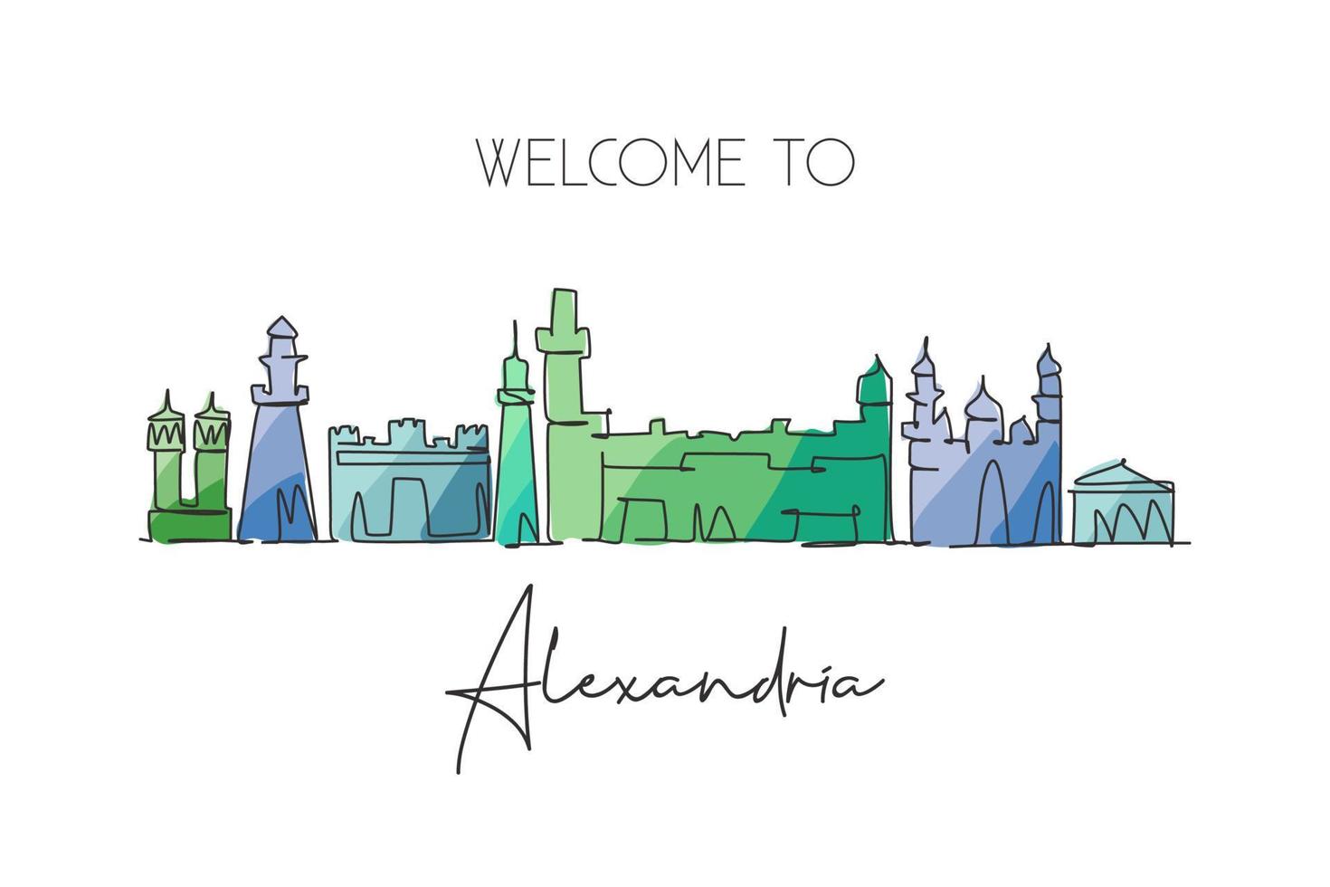 One continuous line drawing of Alexandria city skyline, Egypt. Beautiful city landmark. World landscape tourism and travel vacation. Editable stylish stroke single line draw design vector illustration