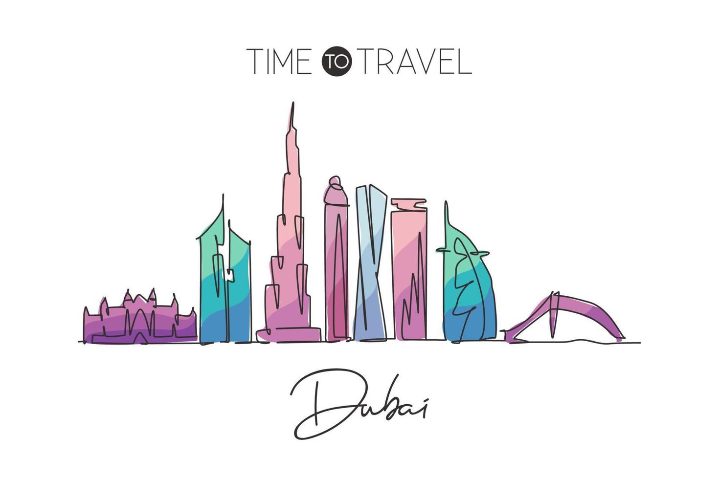 dibujo de una sola línea continua del horizonte de la ciudad de dubai, emiratos árabes unidos. impresión del cartel del arte de la decoración de la pared del paisaje de la ciudad famosa. concepto de viaje mundial. Ilustración de vector de diseño de dibujo de una línea moderna