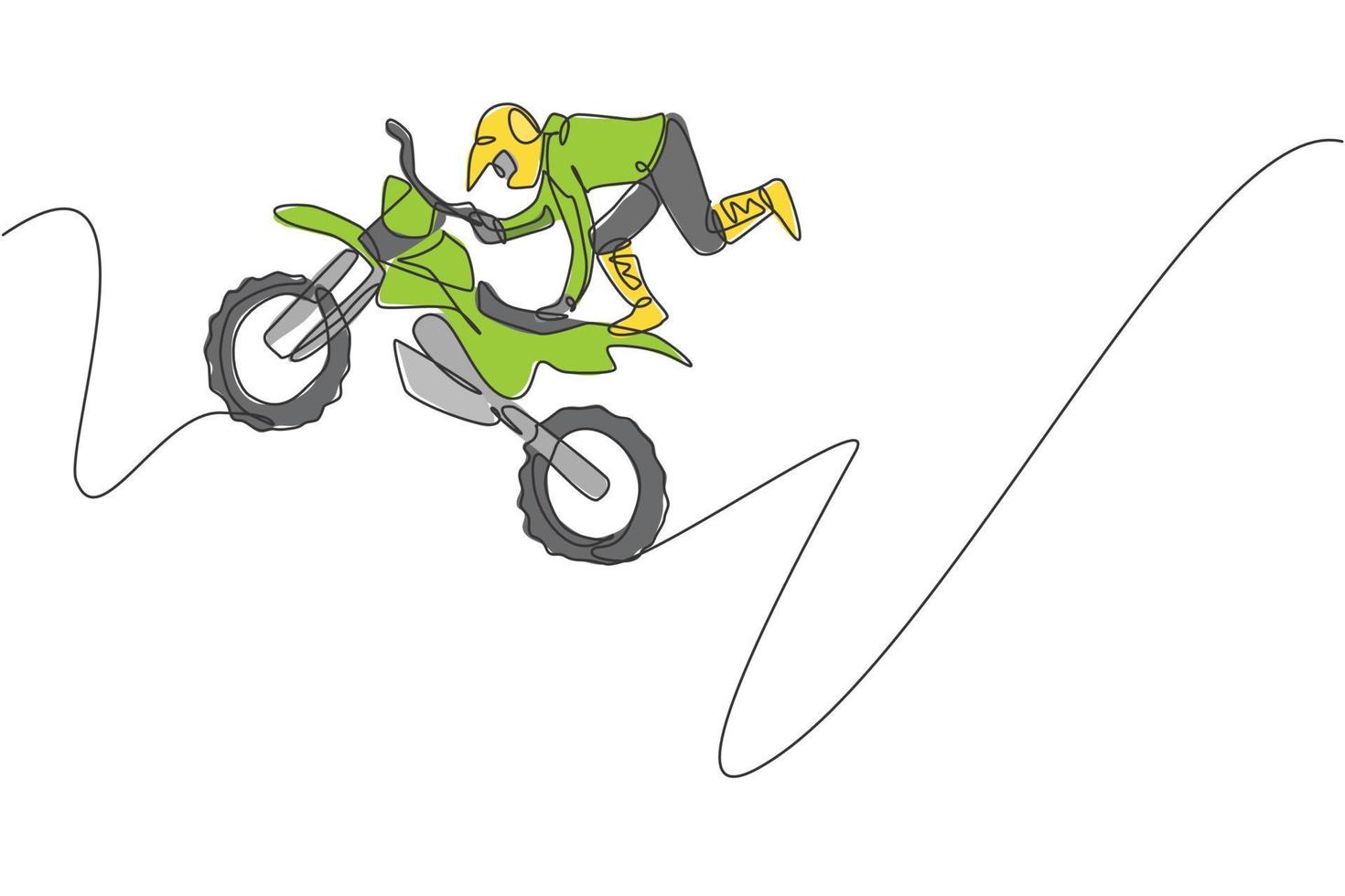 One continuous line drawing of young motocross rider acrobatic flying jump into the air. Extreme sport concept. Dynamic single line draw design vector illustration for motocross competition poster