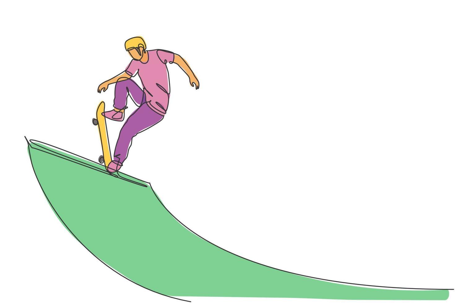 un dibujo de una sola línea de un joven patinador que hace ejercicio montando patineta en la ilustración vectorial de la tabla de rampa. estilo de vida adolescente y concepto de deporte extremo al aire libre. diseño moderno de dibujo de línea continua vector