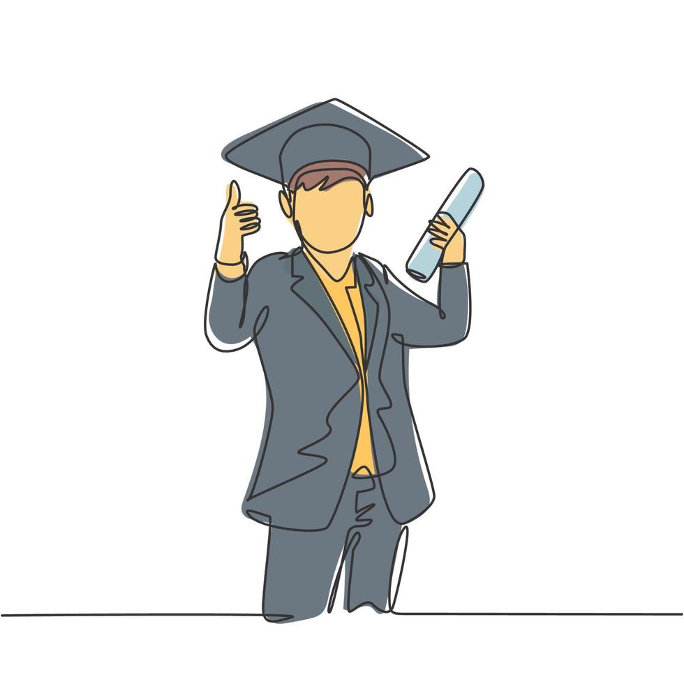 One line drawing of young happy boy student wearing graduation hat and giving thumbs up gesture while holding graduation paper roll. Education concept continuous line draw design vector illustration