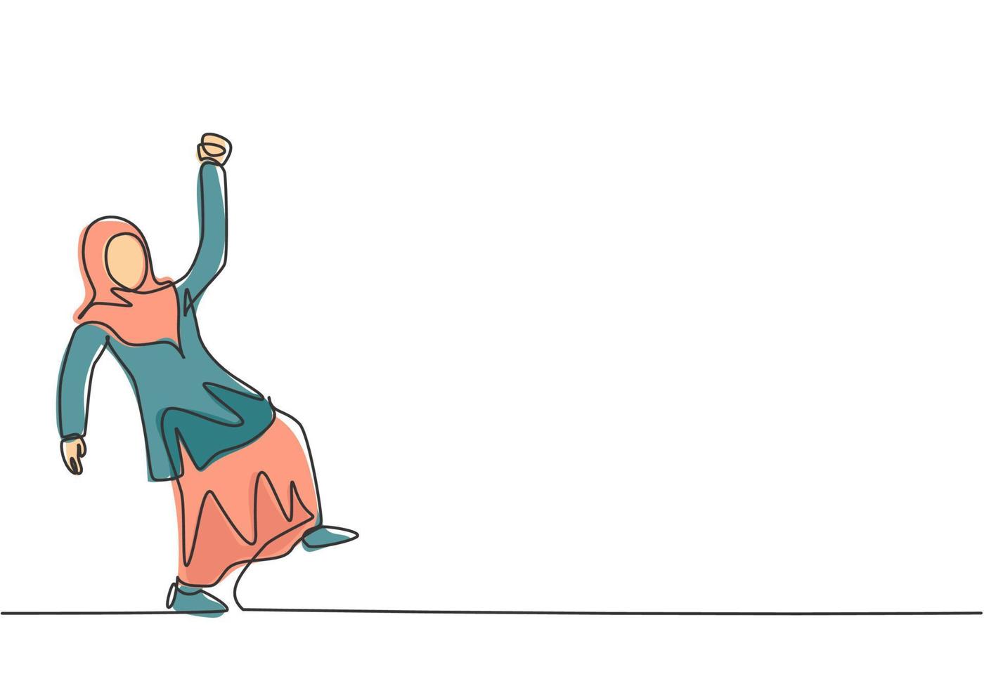 Single continuous line drawing young Arab business woman dancing on the street. Happy worker celebrate her achievement. Minimalism metaphor concept. One line draw graphic design vector illustration.