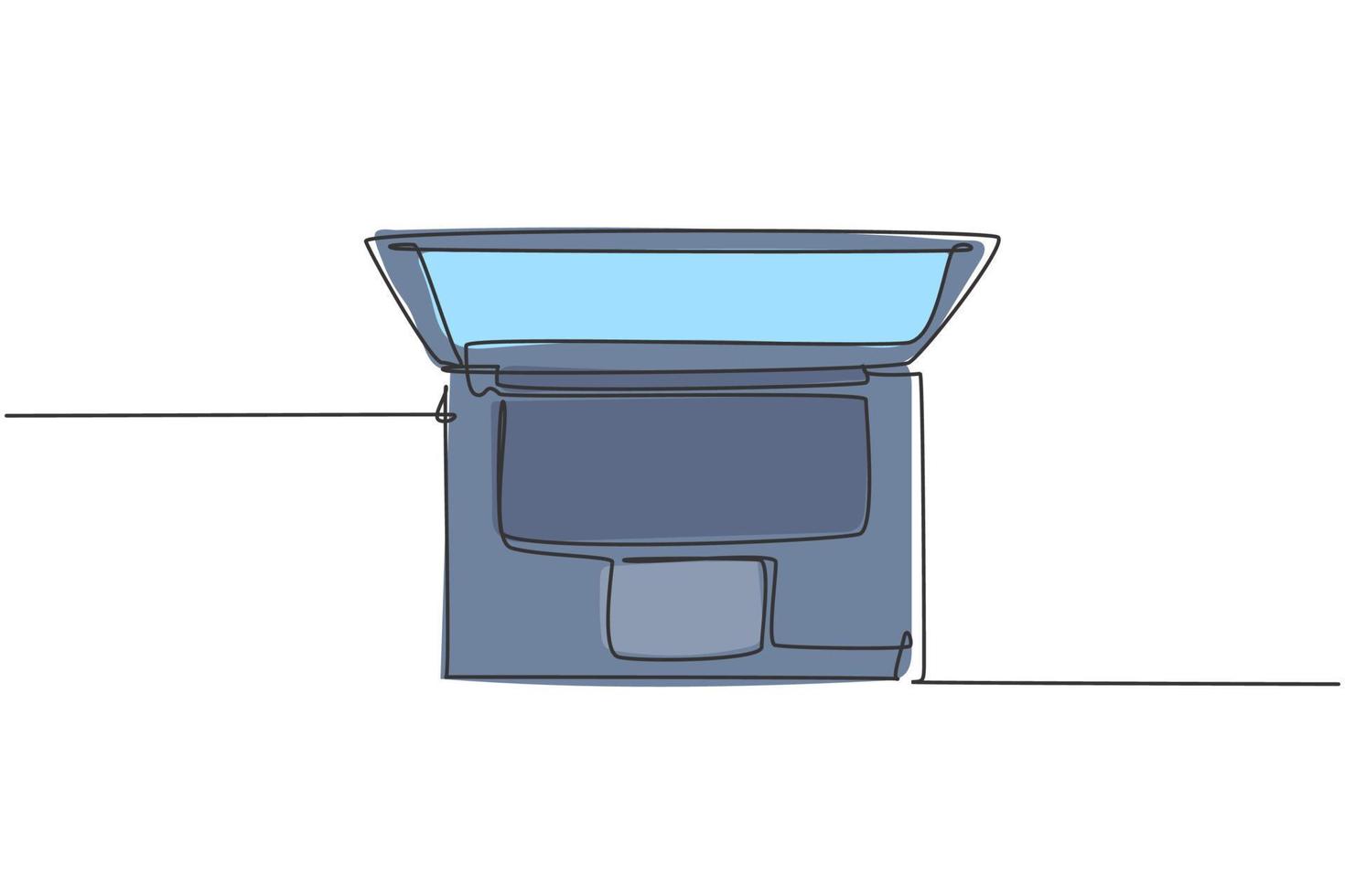 un dibujo de línea continua de la computadora portátil desde la vista superior para la empresa de oficina. concepto de equipo de pequeña empresa de electricidad. Ilustración gráfica de vector de diseño de dibujo de línea única de moda