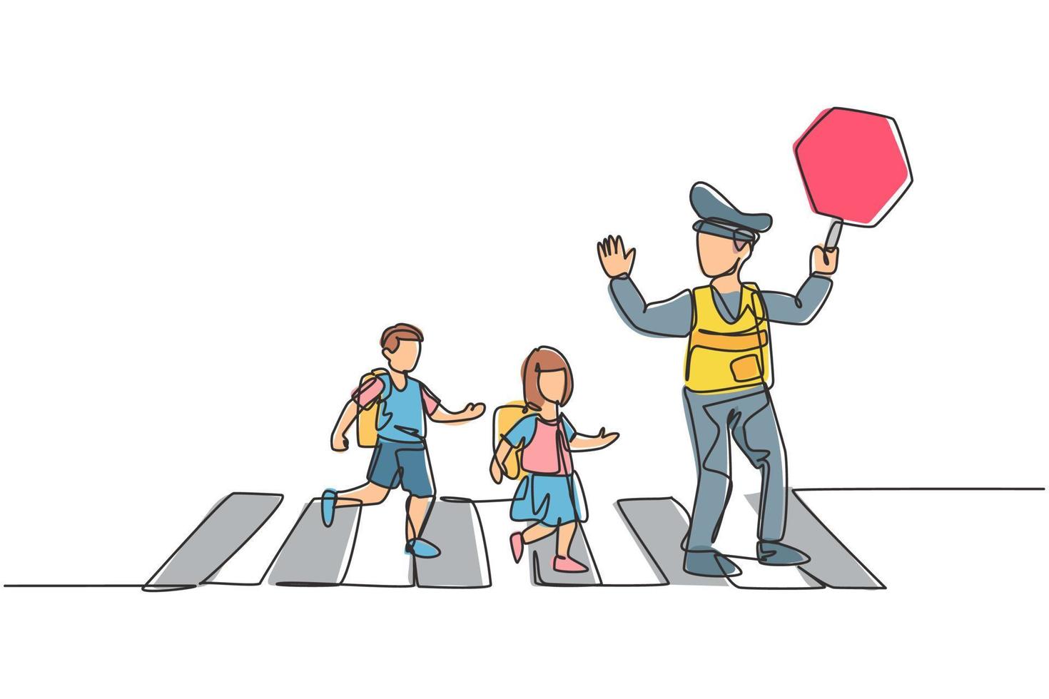 Continuous one line drawing of primary school students crossing the road on the zebra crossing are helped by traffic police holding stop signs. Single line draw design vector graphic illustration.