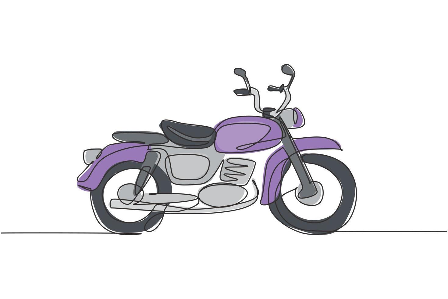 un dibujo de línea continua del icono de motocicleta vintage antiguo retro. Concepto de transporte de motos clásicas, dibujo de una sola línea, diseño gráfico, ilustración vectorial vector