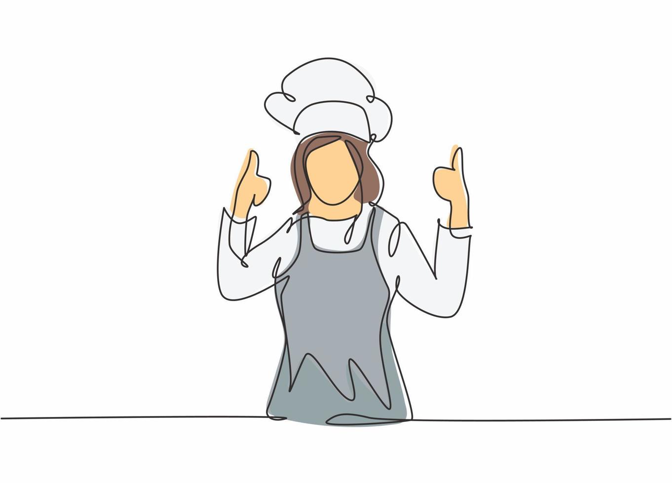 Continuous one line drawing of young happy beauty female chef giving thumbs up gesture. Excellent taste of food in hotel restaurant concept single line draw graphic design vector illustration