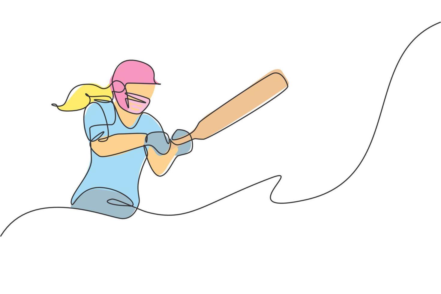 One single line drawing of young energetic woman cricket player successfully hit the ball home run vector illustration. Sport concept. Modern continuous line draw design for cricket competition banner