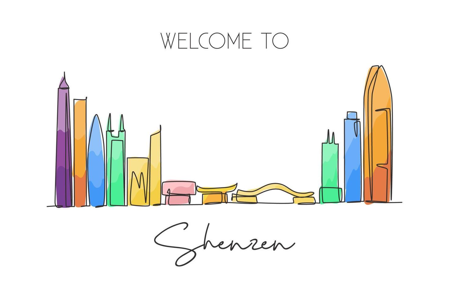 una línea continua dibujando el horizonte de la ciudad de shenzhen, china. hermoso hito. turismo paisajístico mundial y vacaciones de viaje. Ilustración de vector gráfico de diseño de dibujo de una sola línea de trazo elegante editable