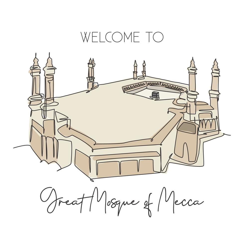 One continuous line drawing great mosque of masjid al haram landmark. Famous place in Mecca, Saudi Arabia. Hajj umrah wall decor poster art concept. Trendy single line draw design vector illustration