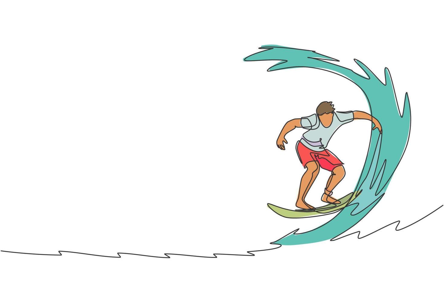 Single continuous line drawing young professional surfer in action riding the waves on blue ocean. Extreme watersport concept. Summer vacation. Trendy one line draw design graphic vector illustration