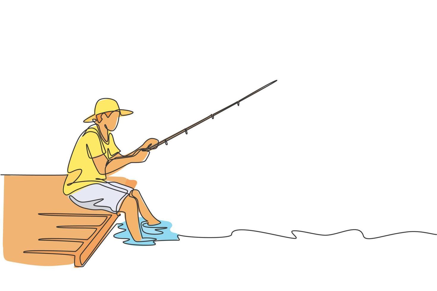 una sola línea de dibujo joven pescador feliz sentado en un muelle de madera y pescando pacíficamente ilustración gráfica vectorial. viajes de vacaciones por concepto de afición a la pesca. diseño moderno de dibujo de línea continua vector