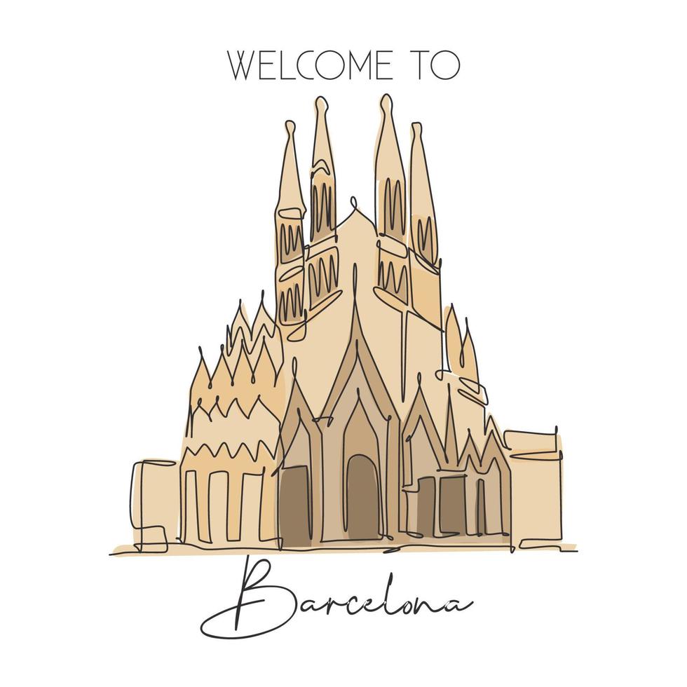 Depok, Indonesia - August 7, 2019- One single line drawing of welcome to Basilica de la Sagrada Familia landmark. World famous place in Barcelona, Spain. Tourism travel postcard. Vector illustration