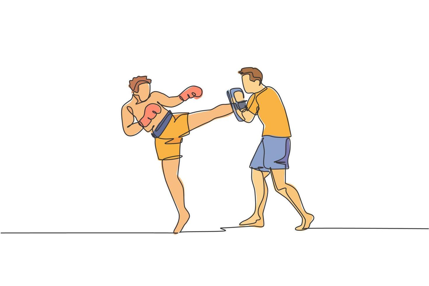 One continuous line drawing of young sporty man kickboxer athlete training with personal trainer who hold punch bag at gym center. Combative sport concept. Single line draw design vector illustration