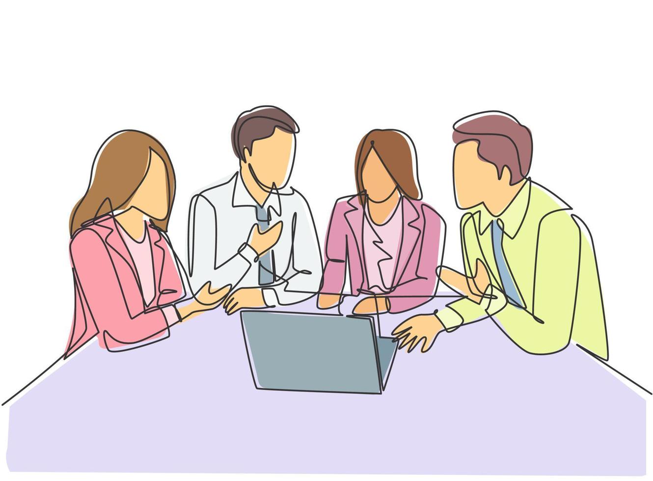 One continuous line drawing of young CEO presenting company business model to female team members at the office. Business meeting concept. Modern single line draw design graphic vector illustration