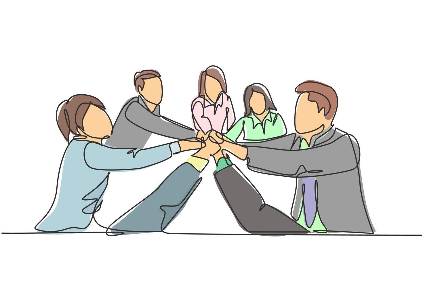 One single line drawing group of young happy male and female business people unite their hands together to form a circle shape. Teamwork unity concept continuous line draw design vector illustration