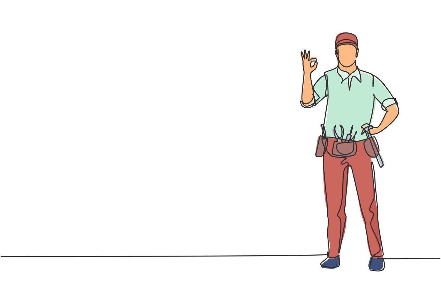 Single continuous line drawing handyman stands with gesture okay and tools such as pliers, screwdriver, hammer that placed on his work shirt. Dynamic one line draw graphic design vector illustration