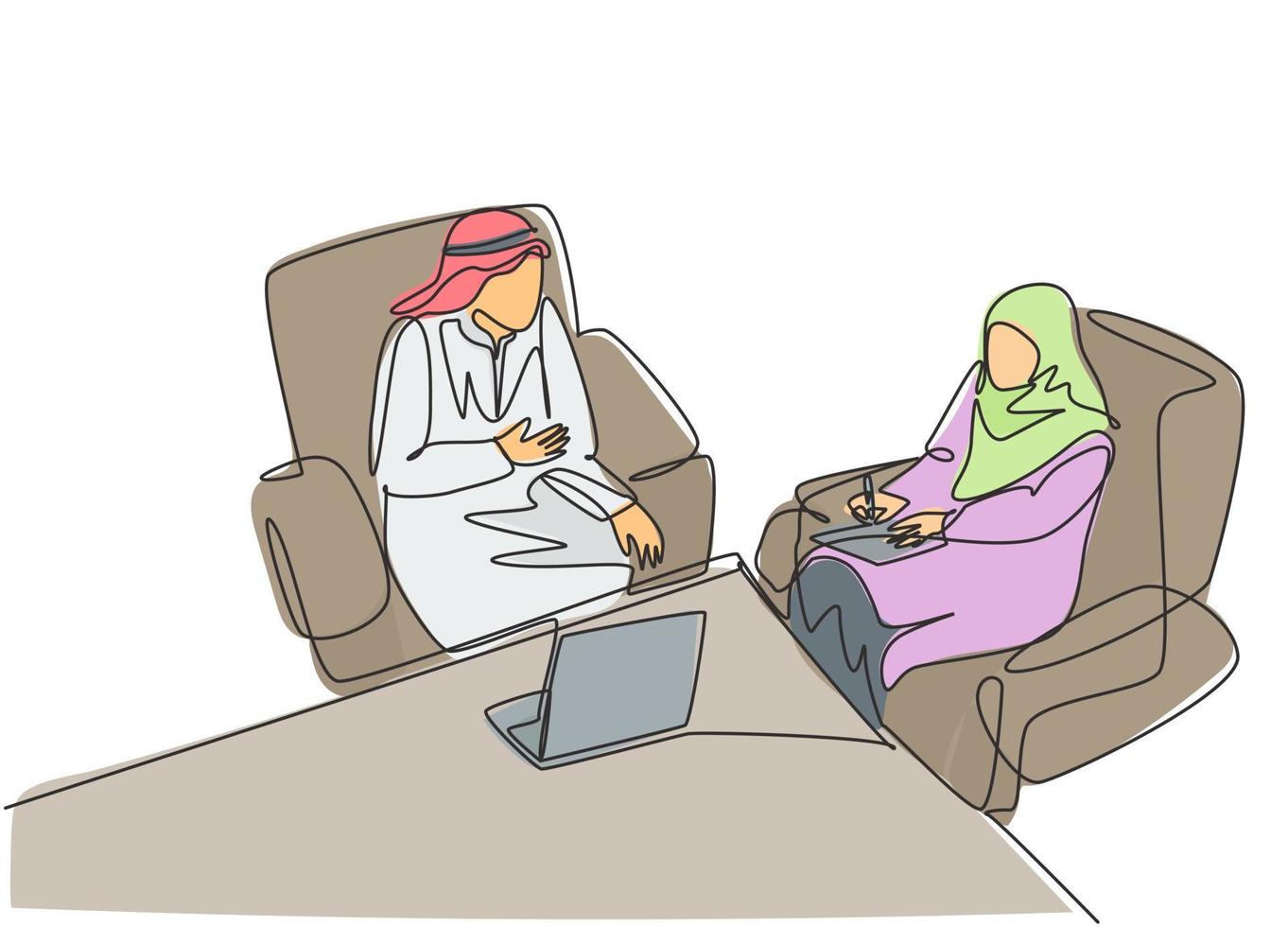 Single continuous line drawing of young muslim businessman and businesswoman discussing business project together. Arab middle east cloth shmagh, robe, vector. One draw design vector illustration