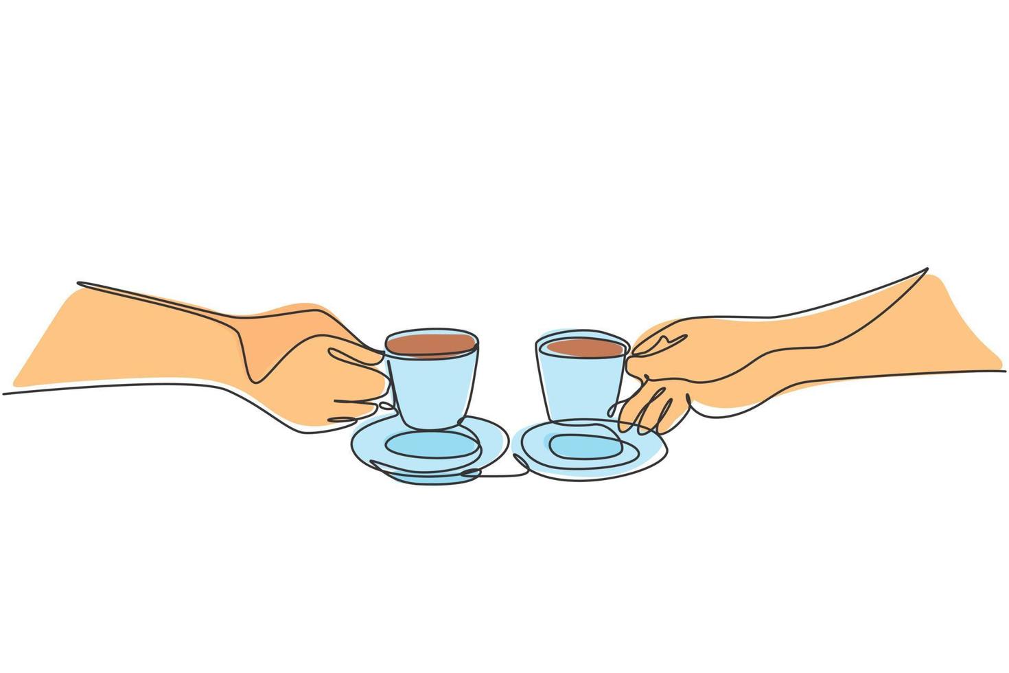 un solo dibujo de una pareja de hombres y mujeres jóvenes disfrutando de una taza de café juntos en la cafetería. cita romántica tomando café concepto línea continua dibujar diseño ilustración vector