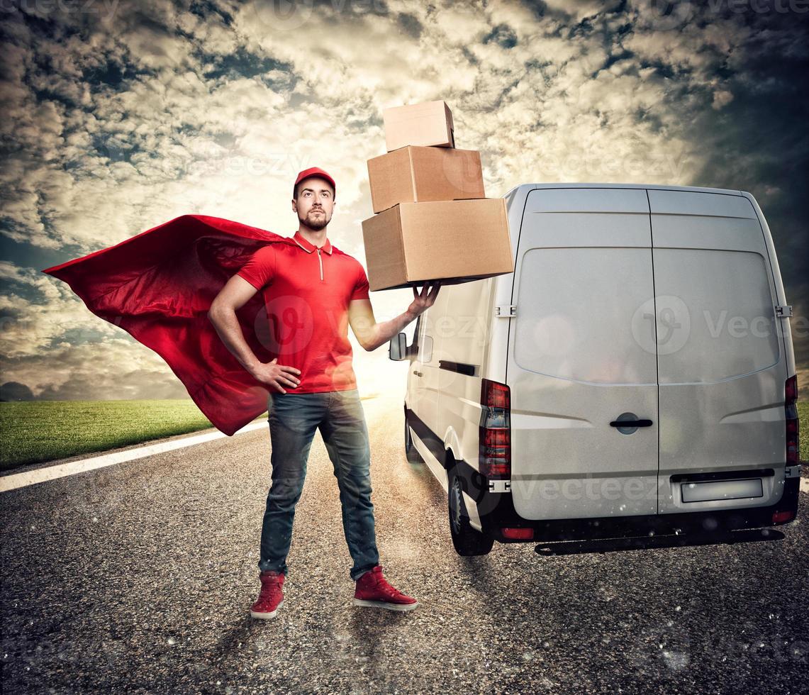 Courier acts like a powerful superhero in a city with skyscrapers. Concept of success and guarantee on shipment photo