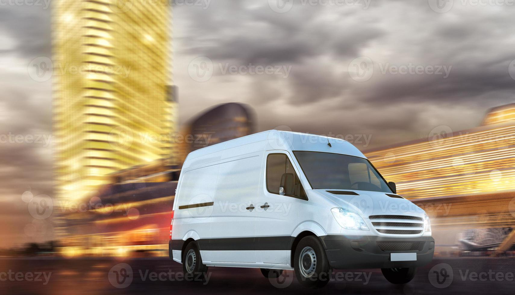 Super fast delivery of package service with a moving van on modern cityscape photo