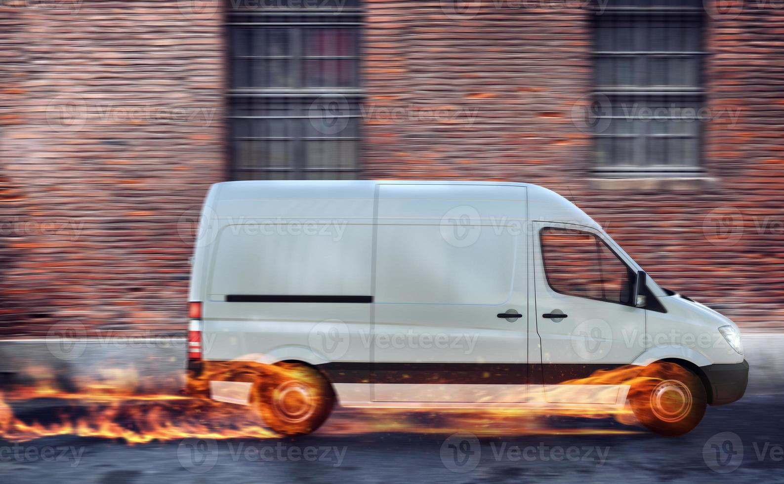 Super fast delivery of package service with van with wheels on fire. photo
