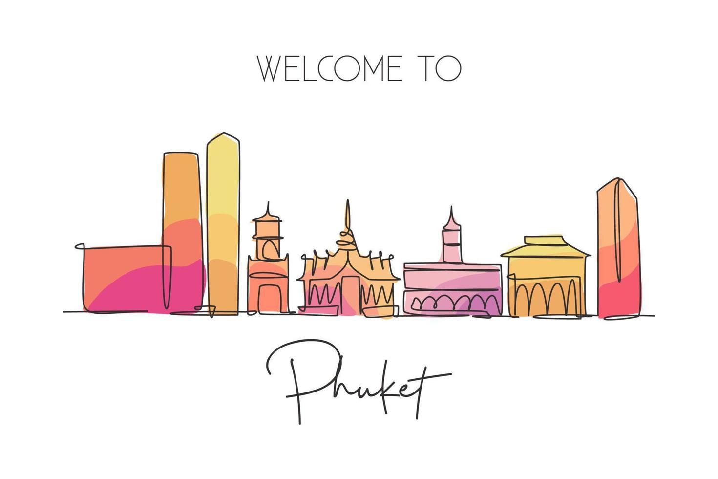 One continuous line drawing of Phuket city skyline, Thailand. Beautiful landmark. World landscape tourism travel vacation poster. Editable stylish stroke single line draw design vector illustration