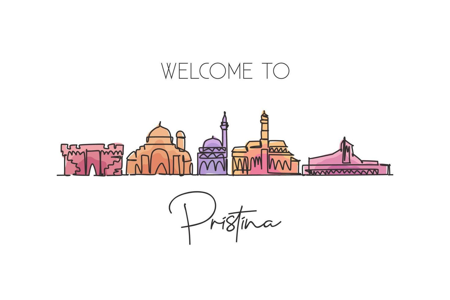 One continuous line drawing Pristina city skyline, Kosovo. Beautiful landmark. World landscape tourism and travel vacation postcard. Editable stylish stroke single line draw design vector illustration