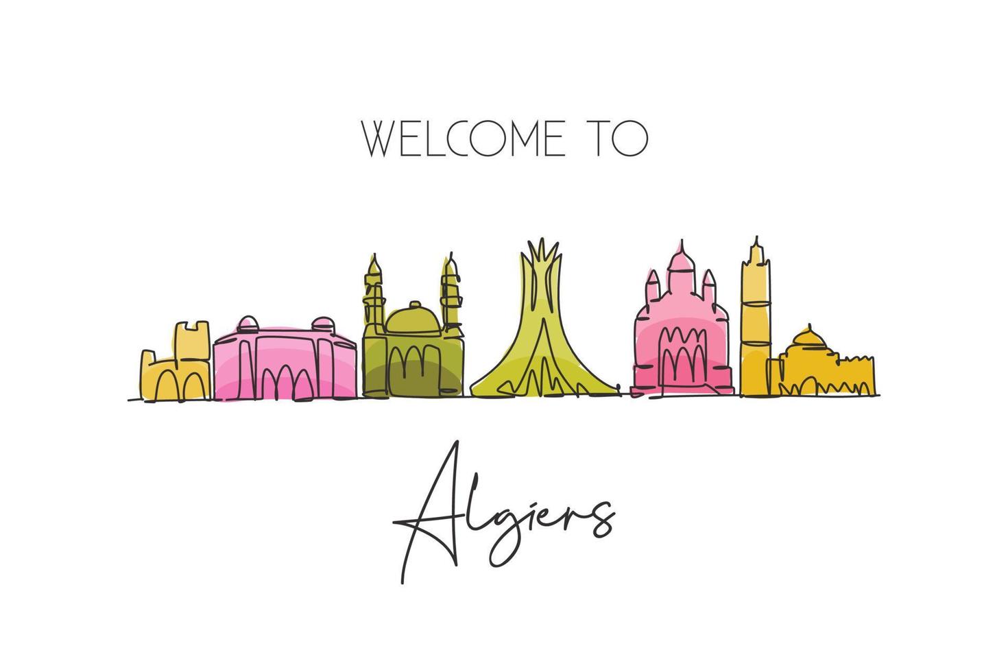 One continuous line drawing of Algiers city skyline, Algeria. Beautiful landmark postcard. World landscape tourism travel vacation. Editable stylish stroke single line draw design vector illustration