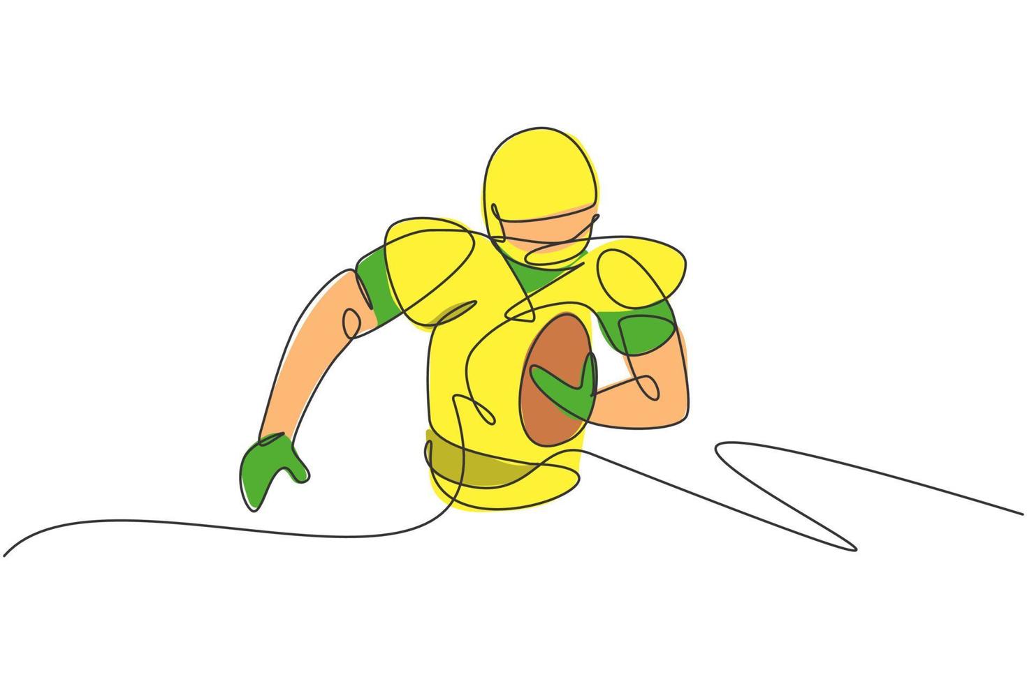 un dibujo de línea continua de un joven jugador de fútbol americano feliz corriendo y sosteniendo la pelota para el afiche de la competencia. concepto de trabajo en equipo deportivo. Ilustración de vector de diseño de dibujo de línea única dinámica