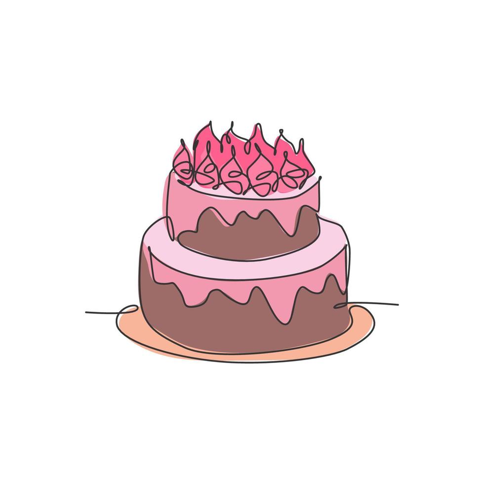 One single line drawing of fresh delicious home made birthday cake with candles above vector graphic illustration. Pastry confectionery badge concept. Modern continuous line draw design art