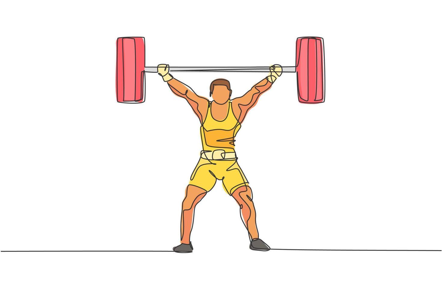 One single line drawing of fit young athlete muscular man lifting barbells working out at a gym vector illustration. Weightlifter preparing for training concept. Modern continuous line draw design