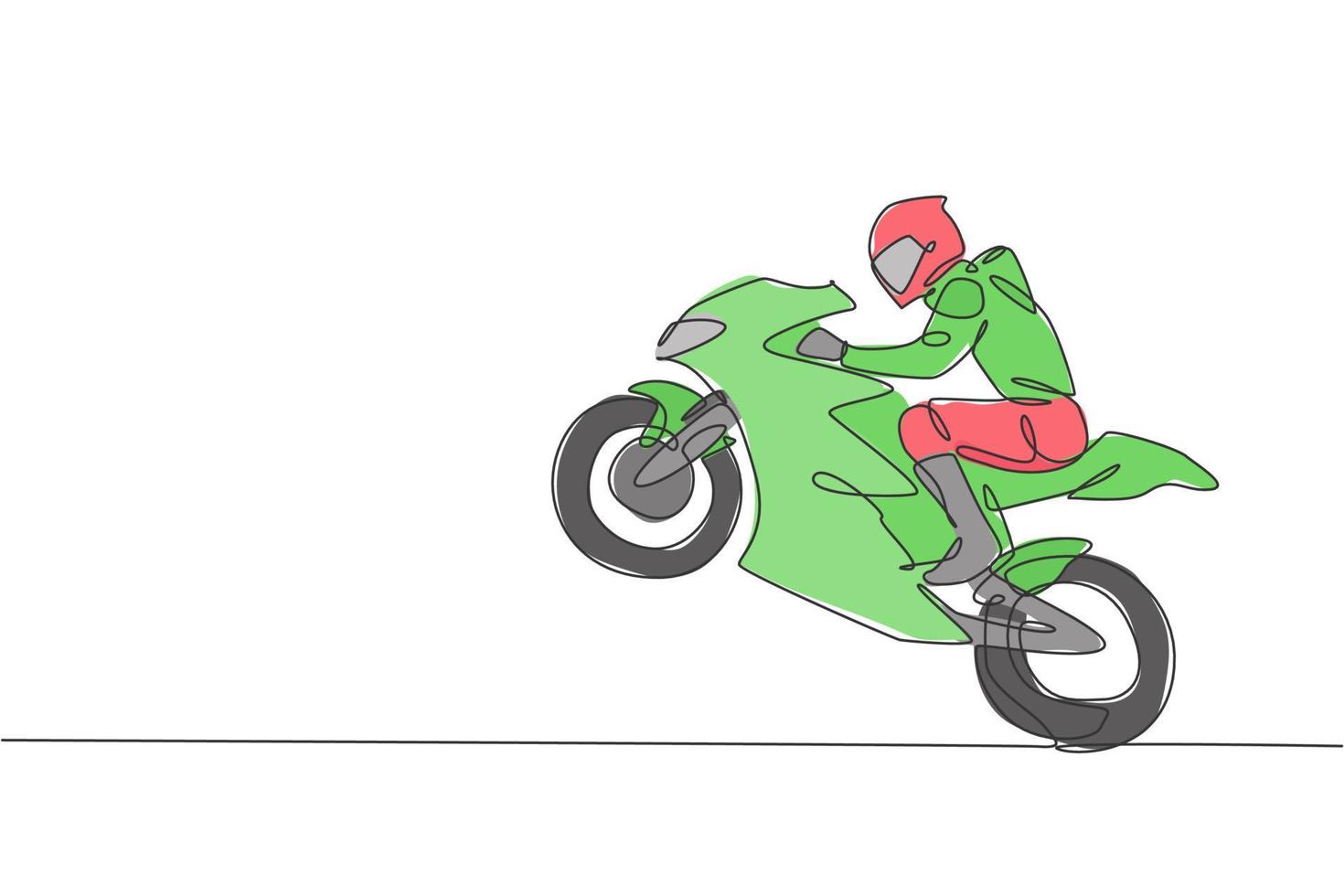 One single line drawing of young moto racer jumping his motorcycle to celebrate winning vector illustration. Superbike racing concept. Modern continuous line draw design for motor racer event banner