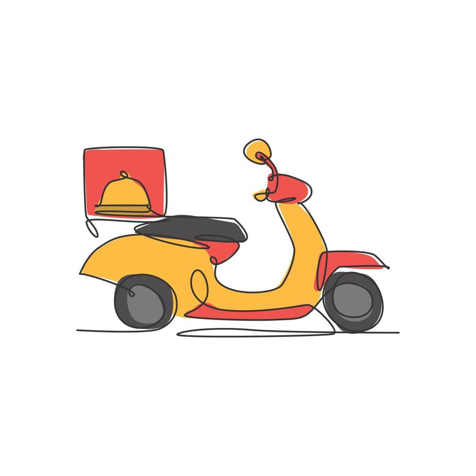 un dibujo de una sola línea de scooter de motocicleta con caja de comida para la ilustración gráfica del vector del logotipo del servicio de entrega de alimentos. concepto de insignia de entrega de comida de restaurante. diseño moderno de dibujo de línea continua