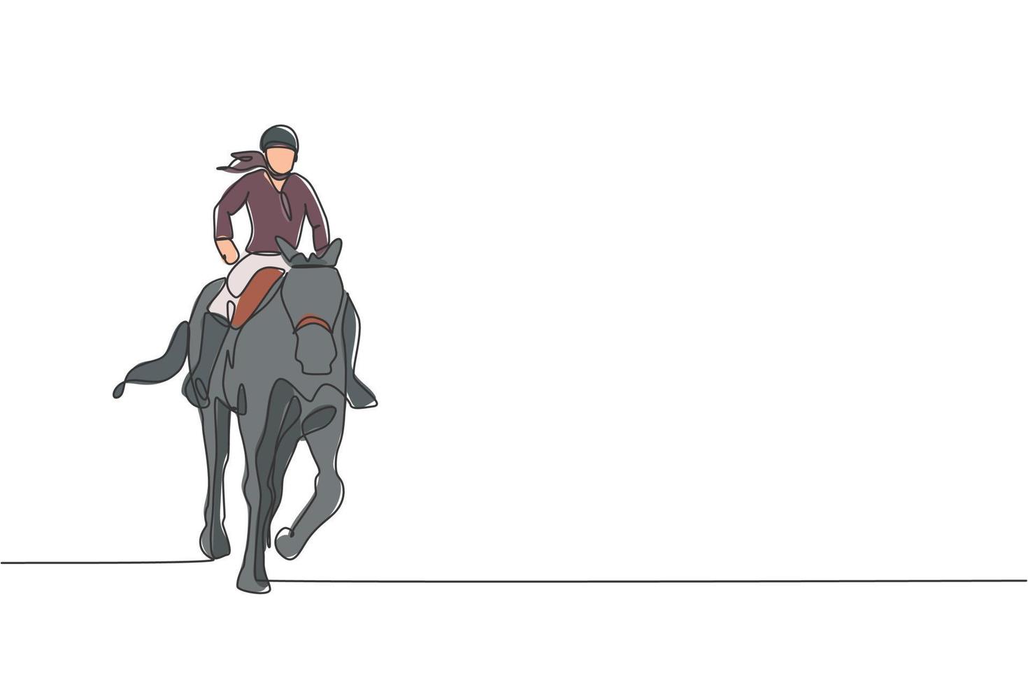 One single line drawing of young horse rider woman performing dressage test vector graphic illustration. Equestrian sport show competition concept. Modern continuous line draw design