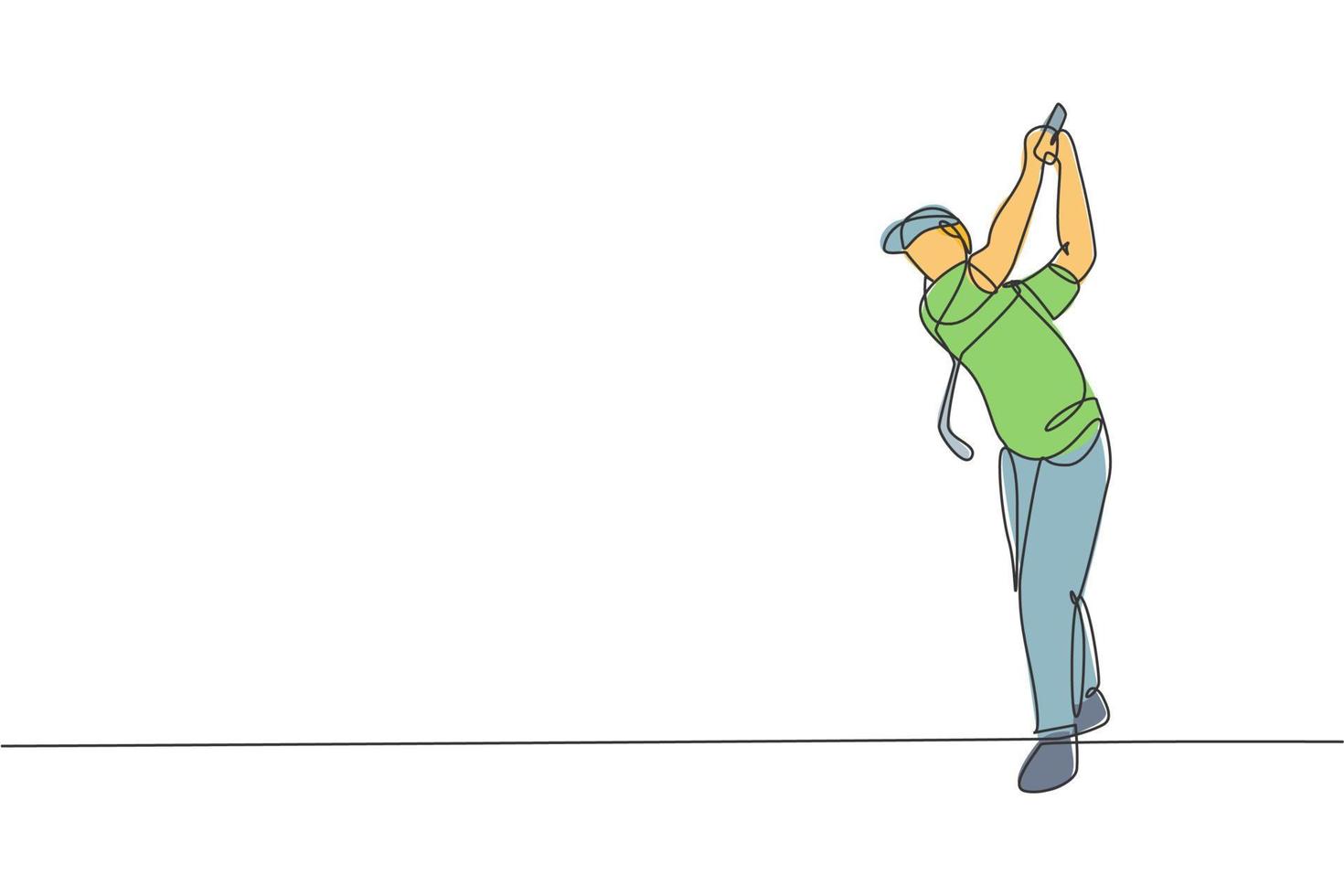 One continuous line drawing of young golf player swing golf club and hit the ball. Leisure sport concept. Dynamic single line draw design vector illustration graphic for tournament promotion media