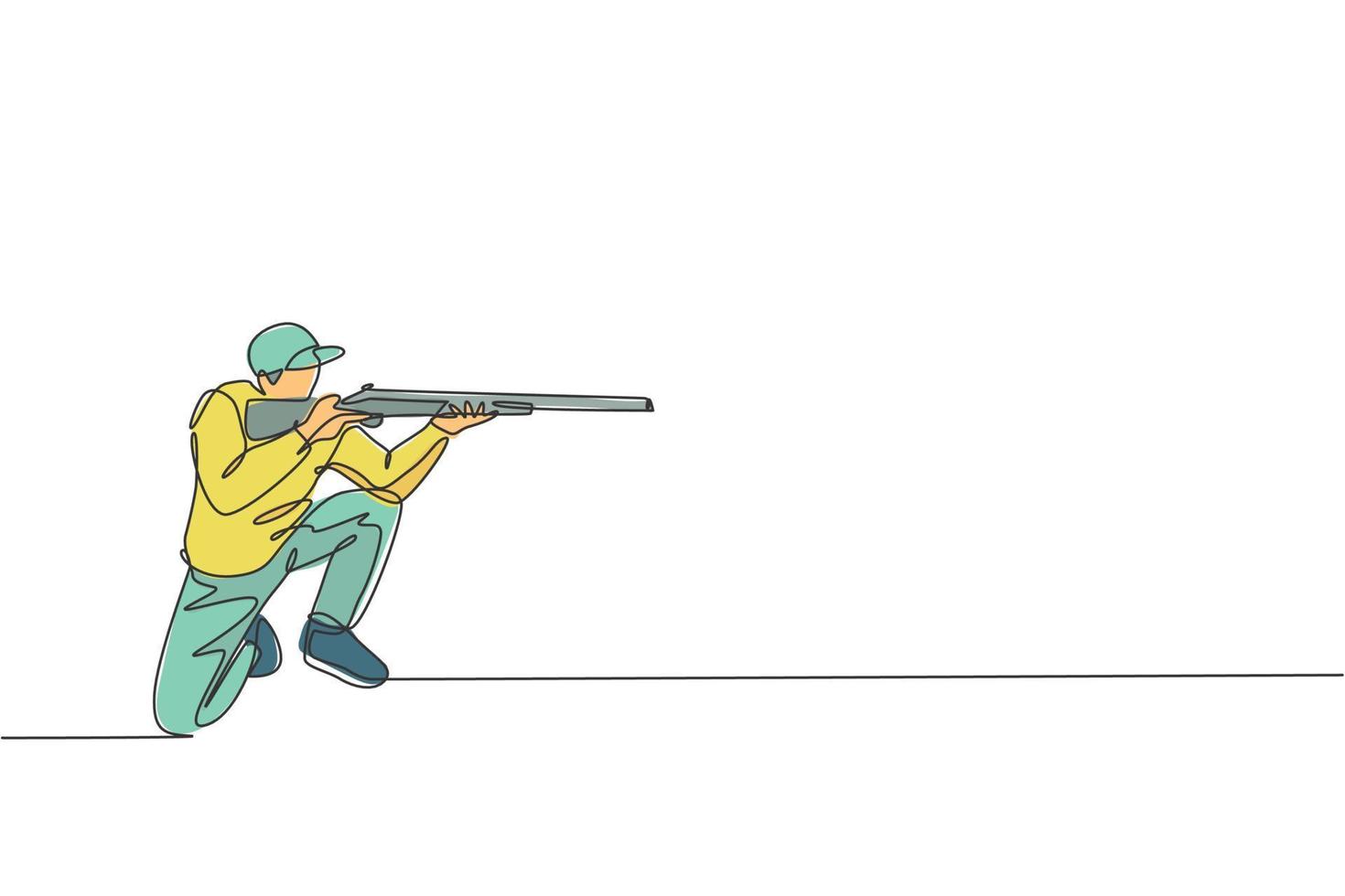 One single line drawing of young man practicing to shot target in range on shooting training ground vector graphic illustration. Clay pigeon shooting sport concept. Modern continuous line draw design