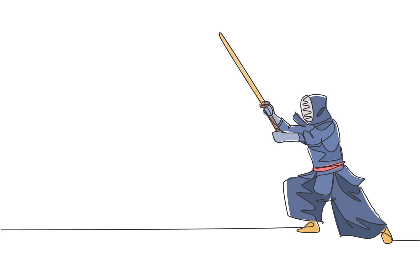 dibujo de una sola línea continua de un joven deportista que practica la habilidad de arte marcial de defensa de kendo en el centro deportivo del gimnasio. concepto de deporte de lucha. ilustración gráfica de vector de diseño de dibujo de una línea de moda