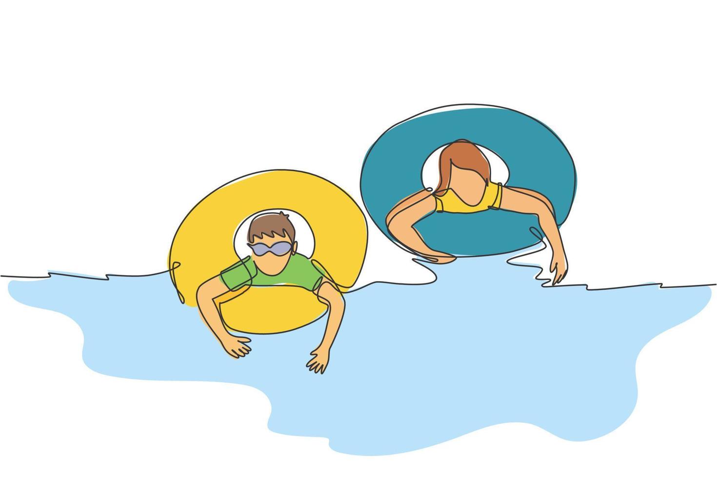 un dibujo de una sola línea de un niño y una niña felices jugando juntos en la ilustración gráfica vectorial del centro deportivo de la piscina cubierta. vacaciones de verano y concepto de vacaciones. diseño moderno de dibujo de línea continua vector