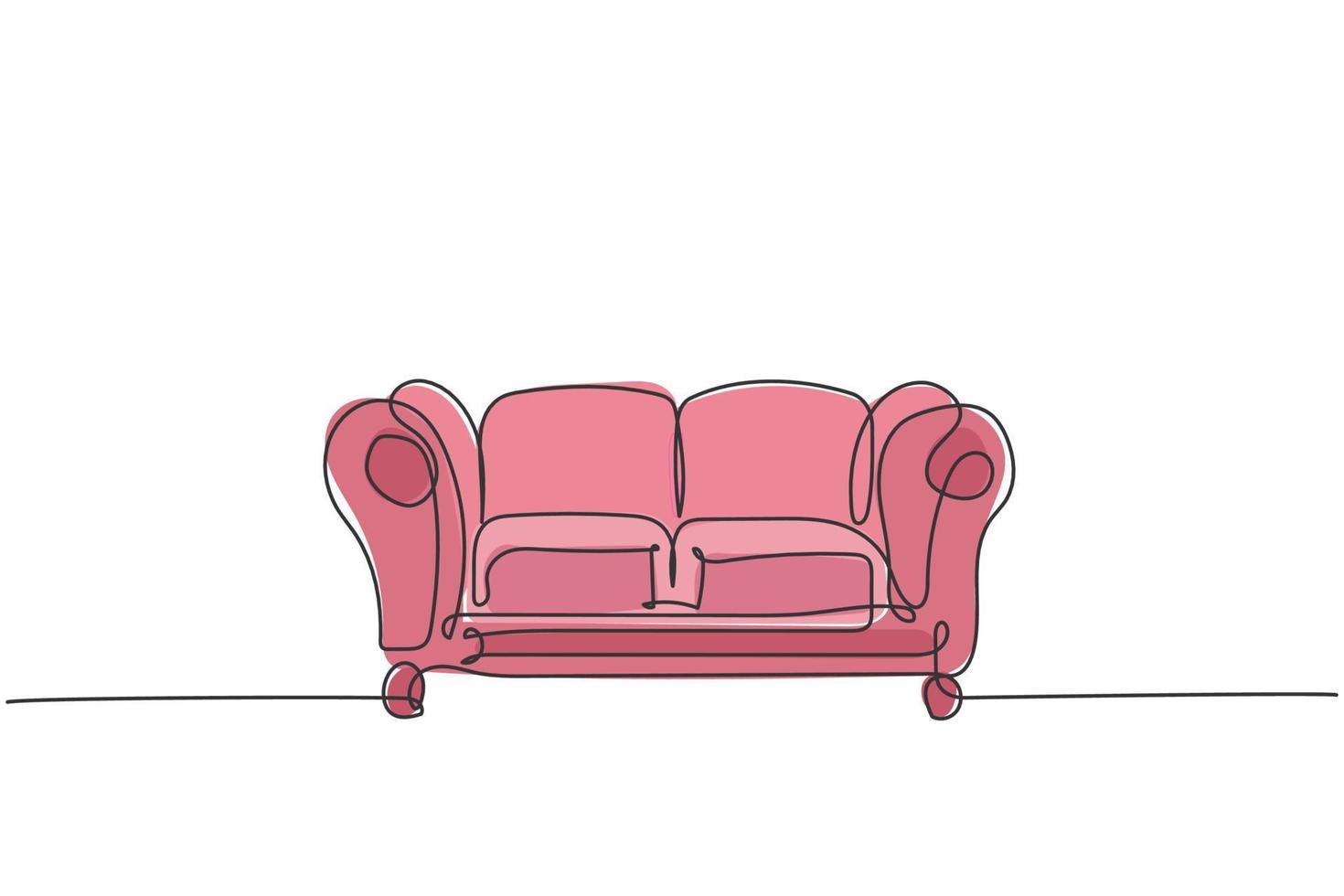 One single line drawing of expensive luxury leather sofa home appliance. Comfortable couch for living room, furniture concept. Dynamic continuous line draw design graphic vector illustration