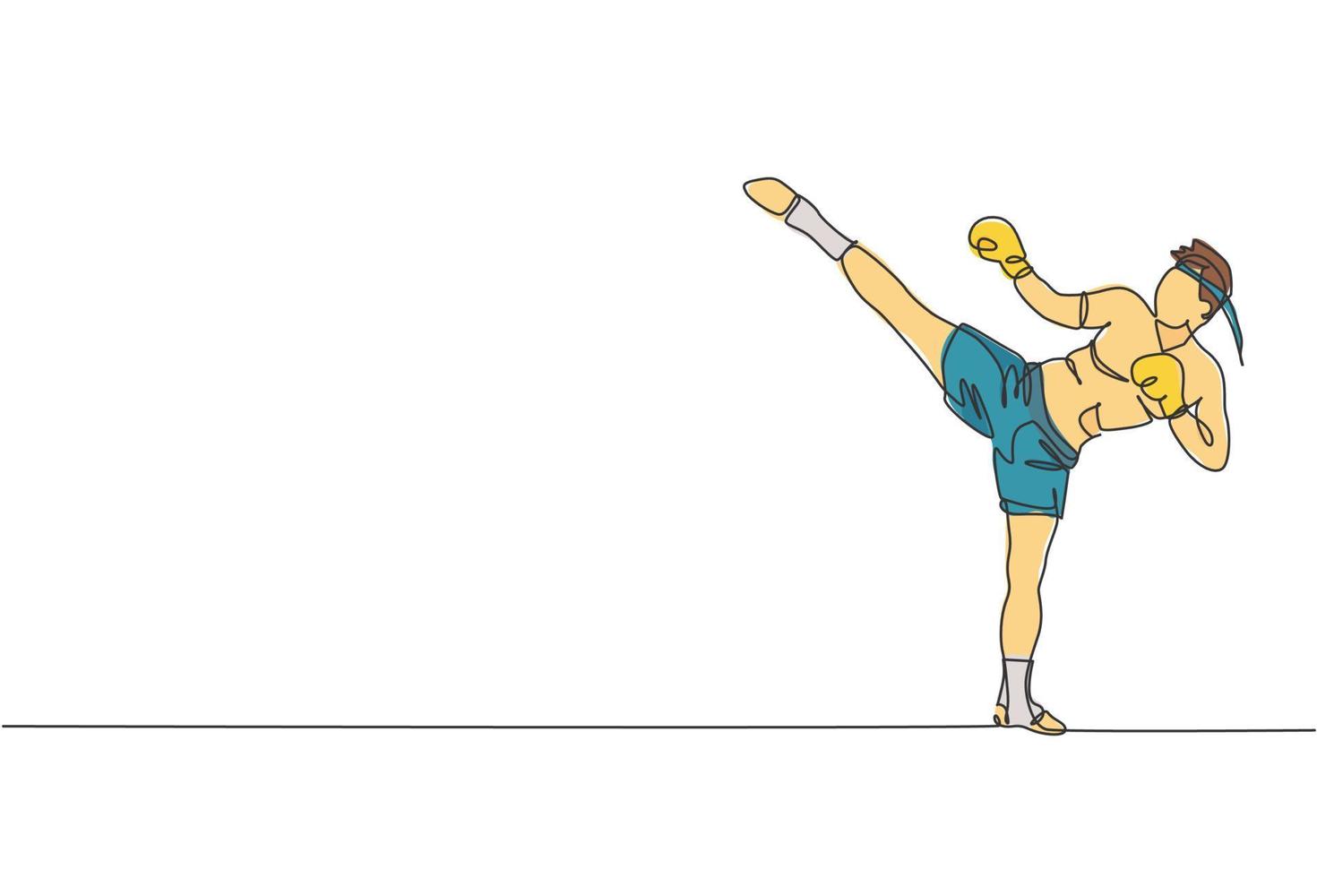 un dibujo de una sola línea de un joven y enérgico luchador de muay thai haciendo ejercicio en el gimnasio ilustración vectorial gráfica del centro de fitness. concepto de deporte de boxeo tailandés combativo. diseño moderno de dibujo de línea continua vector