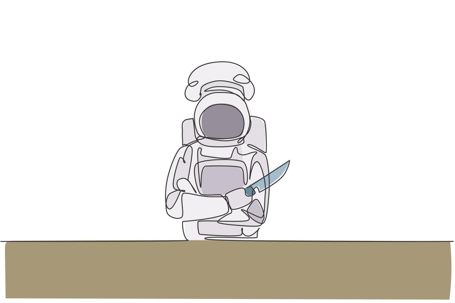 Single continuous line drawing astronaut chef holding knife and crossing arms on chest in outer space cafe. Healthy restaurant cuisine concept. Trendy one line draw design graphic vector illustration